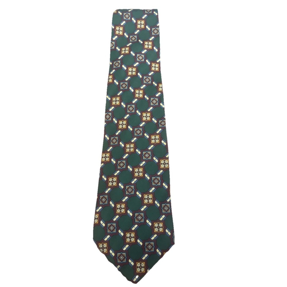 Tommy Hilfiger Green, Maroon, Yellows Squares Italian Silk Neck‎ Tie 56"